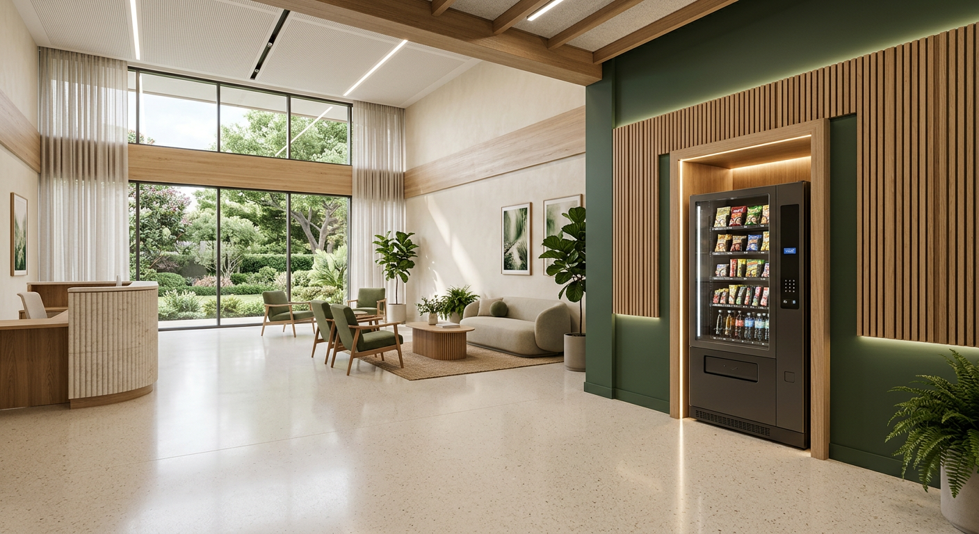 A calm, accessible refreshment corner for healthcare environments.