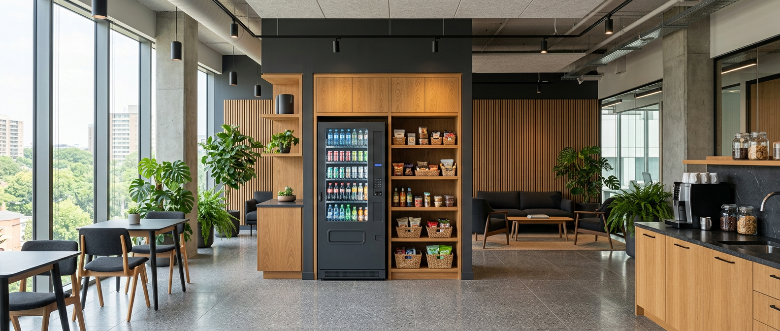 A concept lounge with vending integrated into welcoming surroundings.